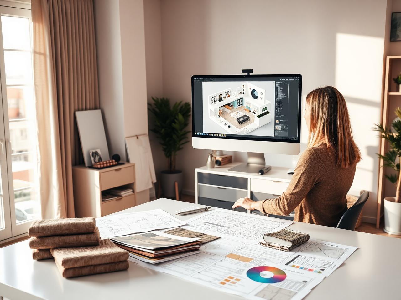 Interior designer reviewing 3D renderings and material samples